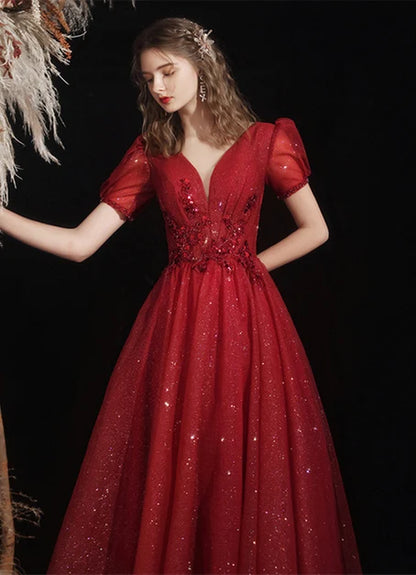 Burgundy Glitter Tulle A-Line V-Neck Lace-up Floor-Length Dress - Aabei Dress