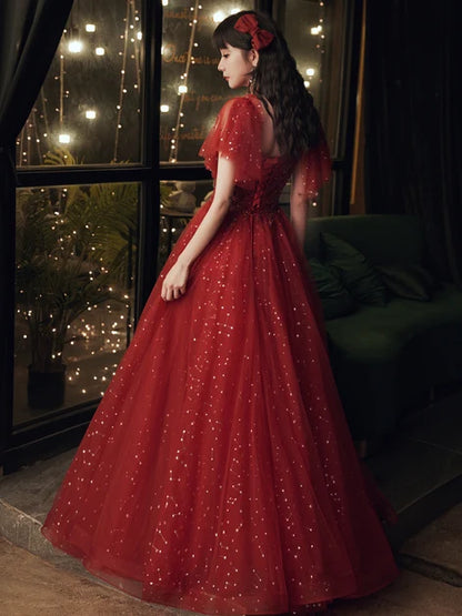 Burgundy Glitter Tulle & Lace A-Line Square Neck Lace-up Floor-Length Dress Back View - Aabei Dress