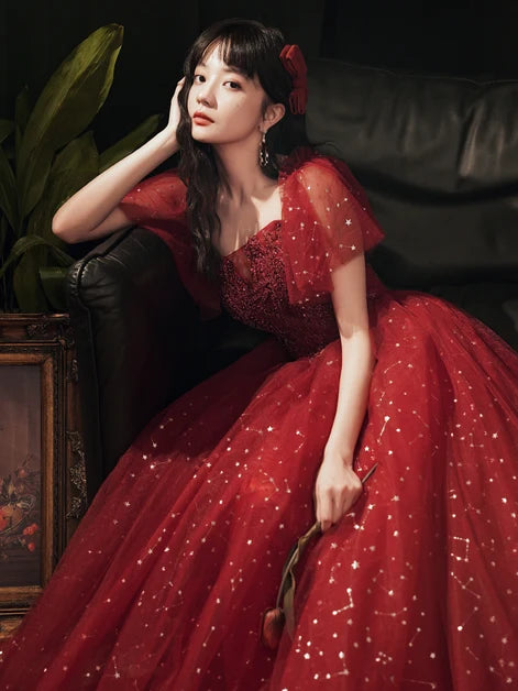 Burgundy Glitter Tulle & Lace A-Line Square Neck Lace-up Floor-Length Dress - Aabei Dress