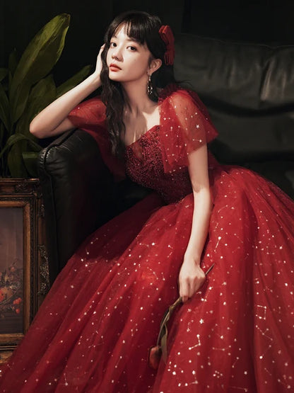 Burgundy Glitter Tulle & Lace A-Line Square Neck Lace-up Floor-Length Dress - Aabei Dress