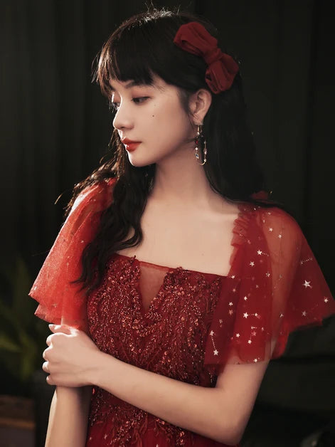 Burgundy Glitter Tulle & Lace A-Line Square Neck Lace-up Floor-Length Dress - Aabei Dress