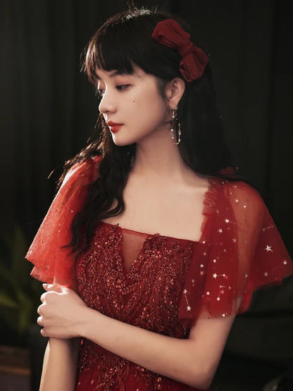 Burgundy Glitter Tulle & Lace A-Line Square Neck Lace-up Floor-Length Dress - Aabei Dress