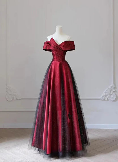 Burgundy Glitter Tulle & Satin A-Line Off-The-Shoulder Floor-Length Dress Front View - Aabei Dress