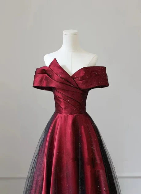 Burgundy Glitter Tulle & Satin A-Line Off-The-Shoulder Floor-Length Dress - Aabei Dress