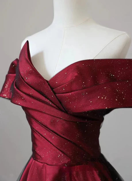Burgundy Glitter Tulle & Satin A-Line Off-The-Shoulder Floor-Length Dress - Aabei Dress
