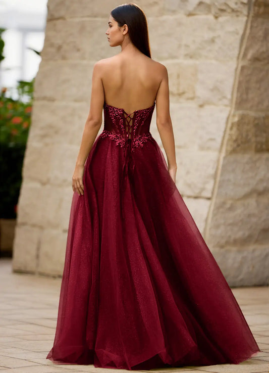Burgundy Glitter Tulle & Sequined Lace A-Line Sweetheart Floor-Length Dress Back View - Aabei Dress
