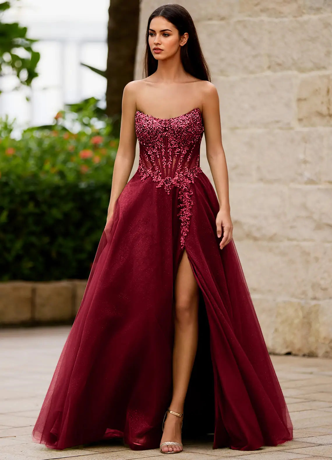 Burgundy Glitter Tulle & Sequined Lace A-Line Sweetheart Floor-Length Dress Front View - Aabei Dress