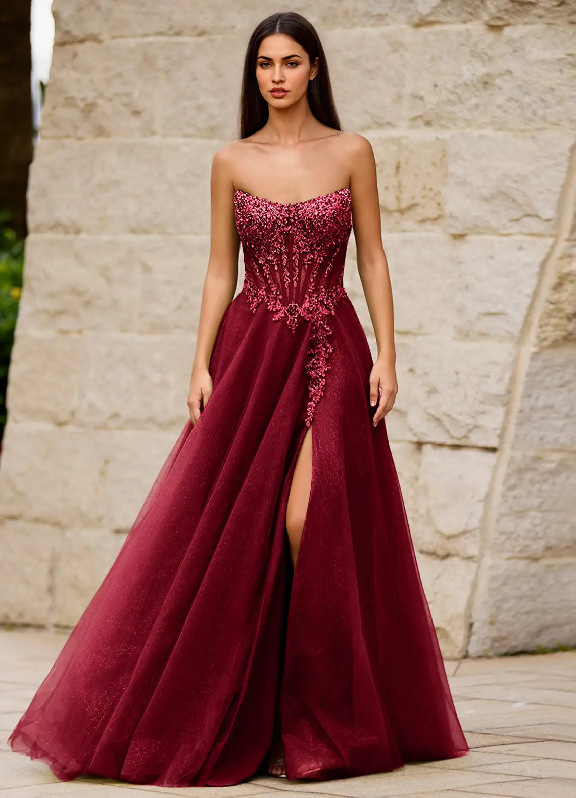 Burgundy Glitter Tulle & Sequined Lace A-Line Sweetheart Floor-Length Dress - Aabei Dress