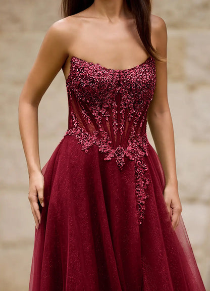 Burgundy Glitter Tulle & Sequined Lace A-Line Sweetheart Floor-Length Dress - Aabei Dress