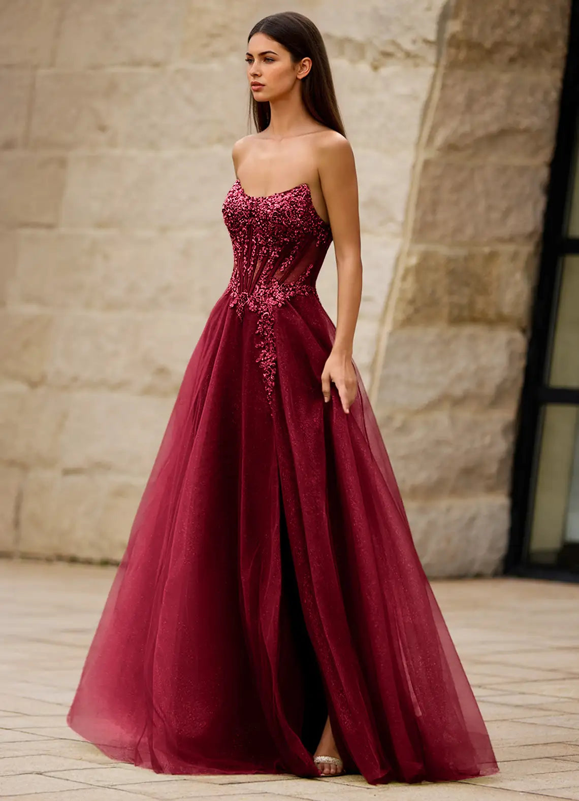 Burgundy Glitter Tulle & Sequined Lace A-Line Sweetheart Floor-Length Dress - Aabei Dress