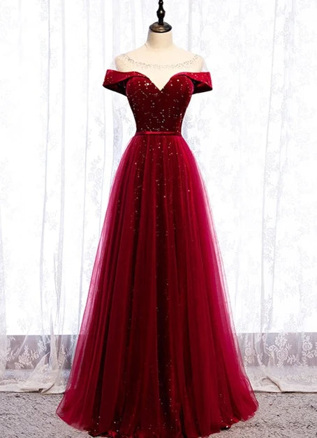 Burgundy Glitter Tulle & Velvet A-Line Off-The-Shoulder Floor-Length Dress Front View - Aabei Dress