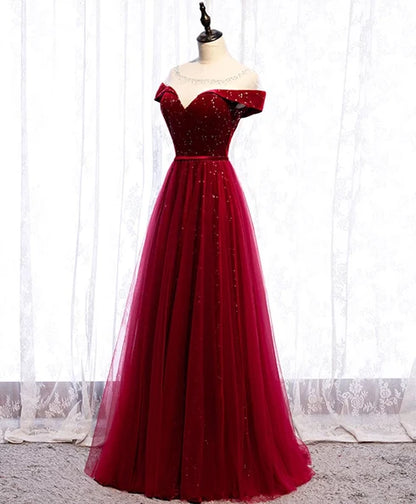 Burgundy Glitter Tulle & Velvet A-Line Off-The-Shoulder Floor-Length Dress - Aabei Dress