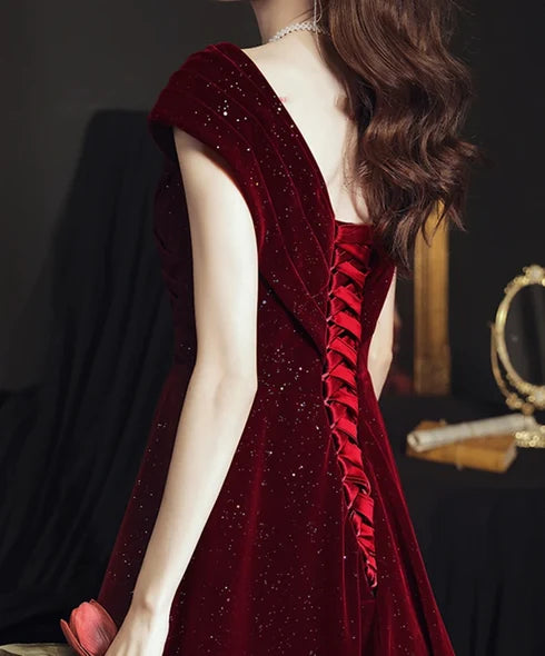 Burgundy Glitter Velvet A-Line Off-the-Shoulder Lace-up Floor-Length Dress Back View - Aabei Dress