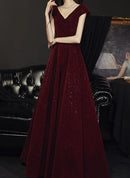Burgundy Glitter Velvet A-Line Off-the-Shoulder Lace-up Floor-Length Dress Front View - Aabei Dress