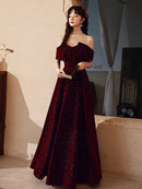 Burgundy Glitter Velvet A-Line Off-the-Shoulder Lace-up Floor-Length Dress Front View - Aabei Dress
