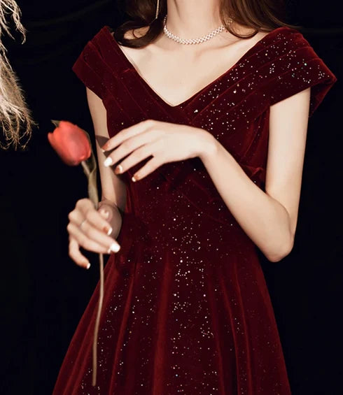 Burgundy Glitter Velvet A-Line Off-the-Shoulder Lace-up Floor-Length Dress - Aabei Dress