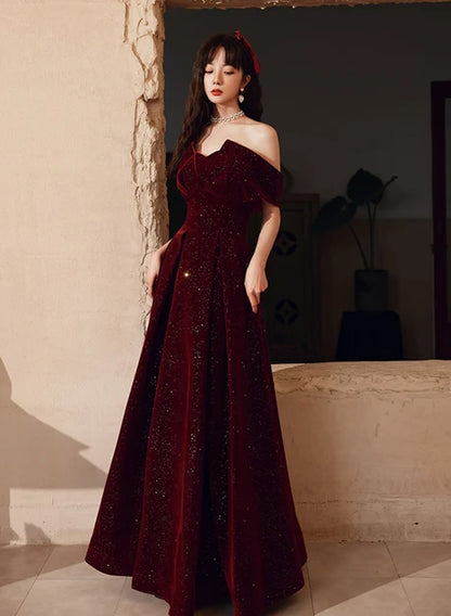 Burgundy Glitter Velvet A-Line Off-the-Shoulder Lace-up Floor-Length Dress - Aabei Dress