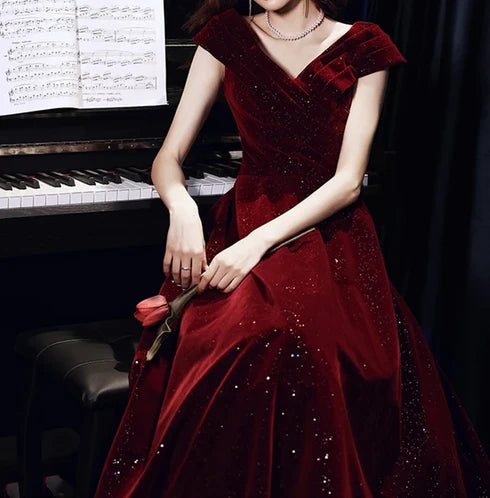 Burgundy Glitter Velvet A-Line Off-the-Shoulder Lace-up Floor-Length Dress - Aabei Dress