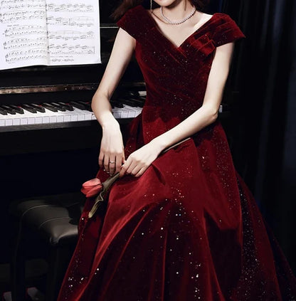 Burgundy Glitter Velvet A-Line Off-the-Shoulder Lace-up Floor-Length Dress - Aabei Dress