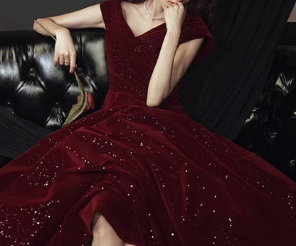 Burgundy Glitter Velvet A-Line Off-the-Shoulder Lace-up Floor-Length Dress - Aabei Dress