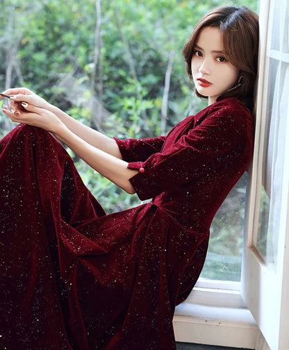 Burgundy Glitter Velvet A-Line Square Neck Back Zip Floor-Length Dress Back View - Aabei Dress