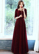 Burgundy Glitter Velvet A-Line Square Neck Back Zip Floor-Length Dress Front View - Aabei Dress