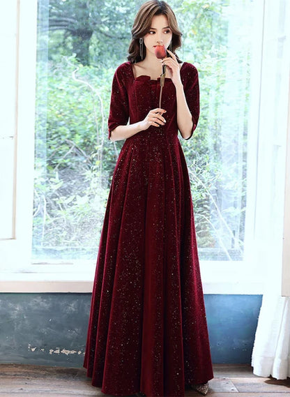 Burgundy Glitter Velvet A-Line Square Neck Back Zip Floor-Length Dress Front View - Aabei Dress