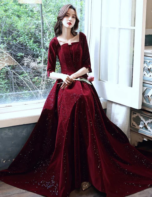 Burgundy Glitter Velvet A-Line Square Neck Back Zip Floor-Length Dress - Aabei Dress
