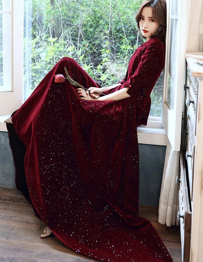 Burgundy Glitter Velvet A-Line Square Neck Back Zip Floor-Length Dress - Aabei Dress