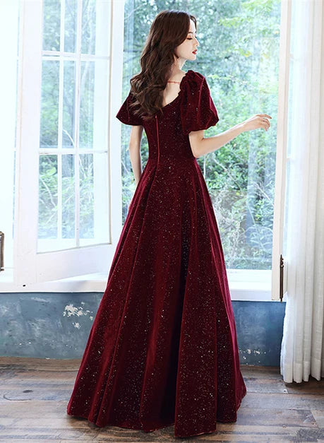 Burgundy Glitter Velvet A-Line Sweetheart Zipper Back Floor-Length Dress Back View - Aabei Dress