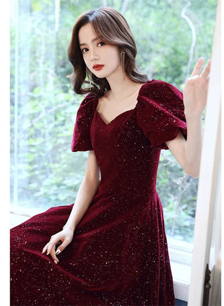 Burgundy Glitter Velvet A-Line Sweetheart Zipper Back Floor-Length Dress - Aabei Dress
