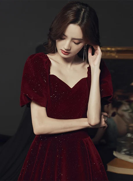 Burgundy Glitter Velvet A-Line Sweetheart Zipper Back Floor-Length Dress - Aabei Dress