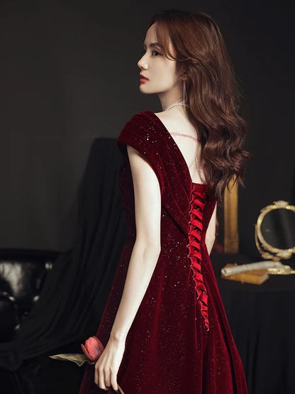 Burgundy Glitter Velvet A-Line V-Neck Corset Back Floor-Length Dress Back View - Aabei Dress