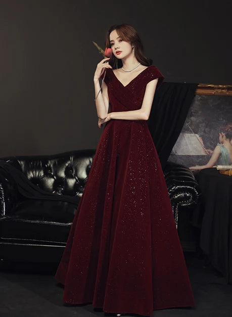Burgundy Glitter Velvet A-Line V-Neck Corset Back Floor-Length Dress Front View - Aabei Dress