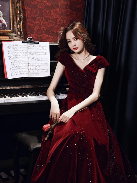 Burgundy Glitter Velvet A-Line V-Neck Corset Back Floor-Length Dress - Aabei Dress