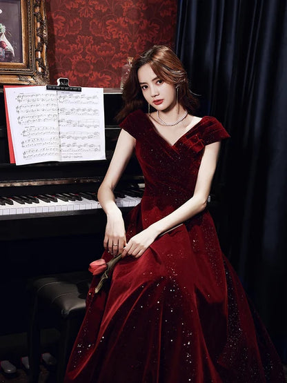 Burgundy Glitter Velvet A-Line V-Neck Corset Back Floor-Length Dress - Aabei Dress