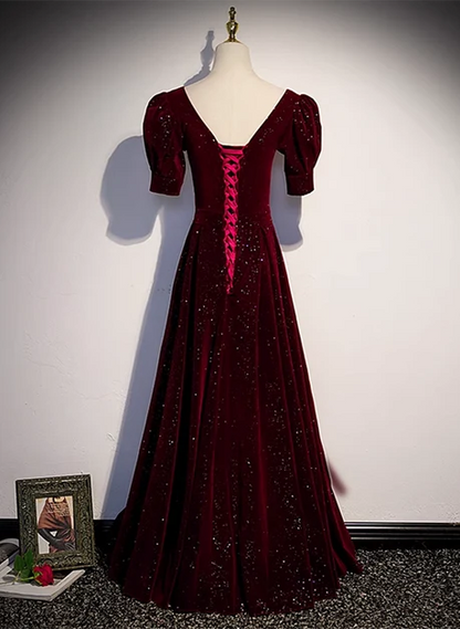 Burgundy Glitter Velvet A-Line V-Neck Lace Up Back Floor-Length Dress Back View - Aabei Dress