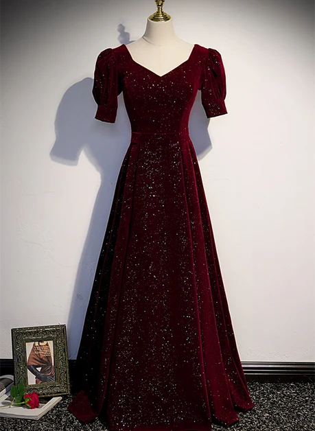 Burgundy Glitter Velvet A-Line V-Neck Lace Up Back Floor-Length Dress Front View - Aabei Dress