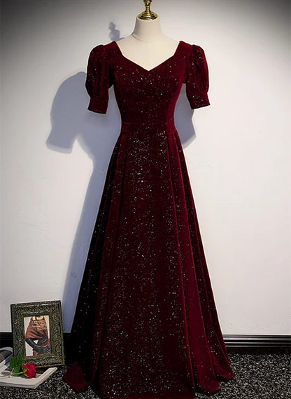 Burgundy Glitter Velvet A-Line V-Neck Lace Up Back Floor-Length Dress Front View - Aabei Dress