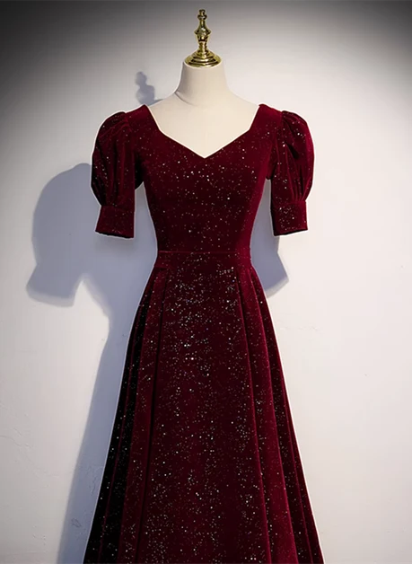 Burgundy Glitter Velvet A-Line V-Neck Lace Up Back Floor-Length Dress - Aabei Dress
