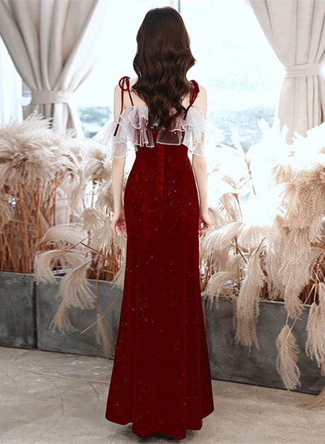 Burgundy Glitter Velvet Sheath-Column Off-the-Shoulder Floor-Length Dress Back View - Aabei Dress