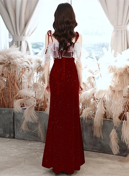 Burgundy Glitter Velvet Sheath-Column Off-the-Shoulder Floor-Length Dress Back View - Aabei Dress