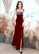 Burgundy Glitter Velvet Sheath-Column Off-the-Shoulder Floor-Length Dress Front View - Aabei Dress