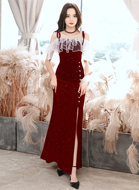 Burgundy Glitter Velvet Sheath-Column Off-the-Shoulder Floor-Length Dress Front View - Aabei Dress