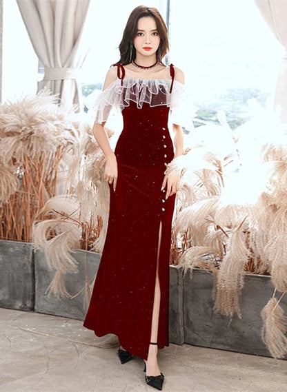 Burgundy Glitter Velvet Sheath-Column Off-the-Shoulder Floor-Length Dress Front View - Aabei Dress