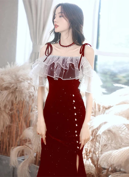 Burgundy Glitter Velvet Sheath-Column Off-the-Shoulder Floor-Length Dress - Aabei Dress