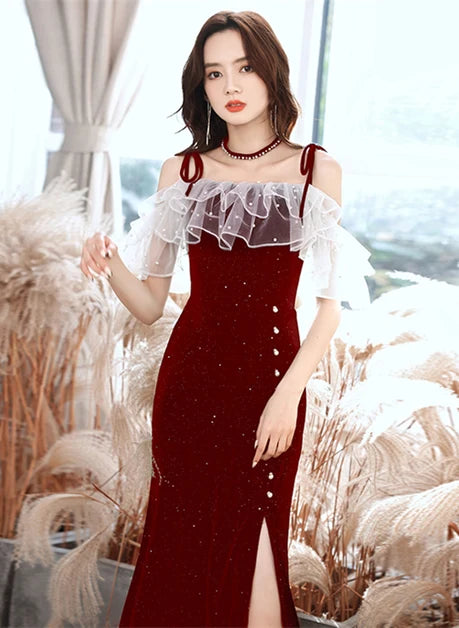 Burgundy Glitter Velvet Sheath-Column Off-the-Shoulder Floor-Length Dress - Aabei Dress