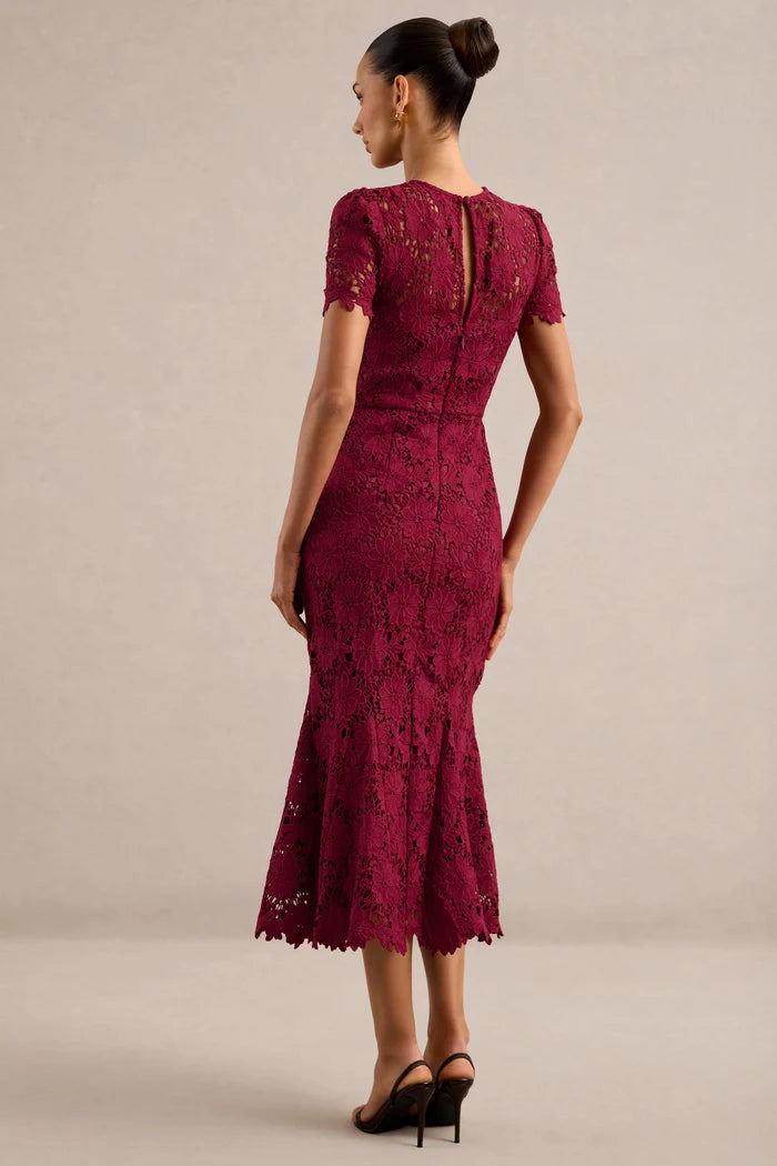 Burgundy Lace Mermaid High Neck Keyhole Back Midi Dress Back View - Aabei Dress