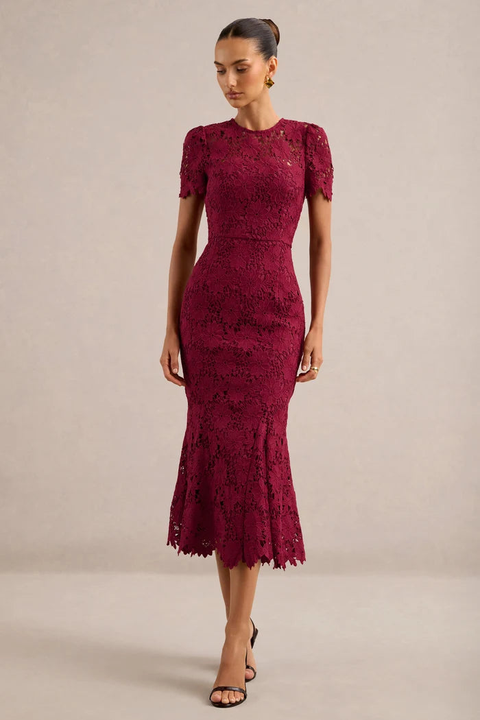 Burgundy Lace Mermaid High Neck Keyhole Back Midi Dress Front View - Aabei Dress
