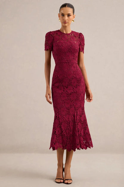 Burgundy Lace Mermaid High Neck Keyhole Back Midi Dress - Aabei Dress